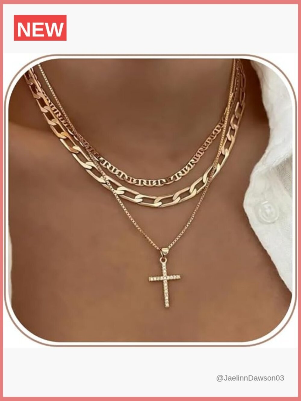 Dainty Layered Gold Cross Necklace Set with CZ Stones
